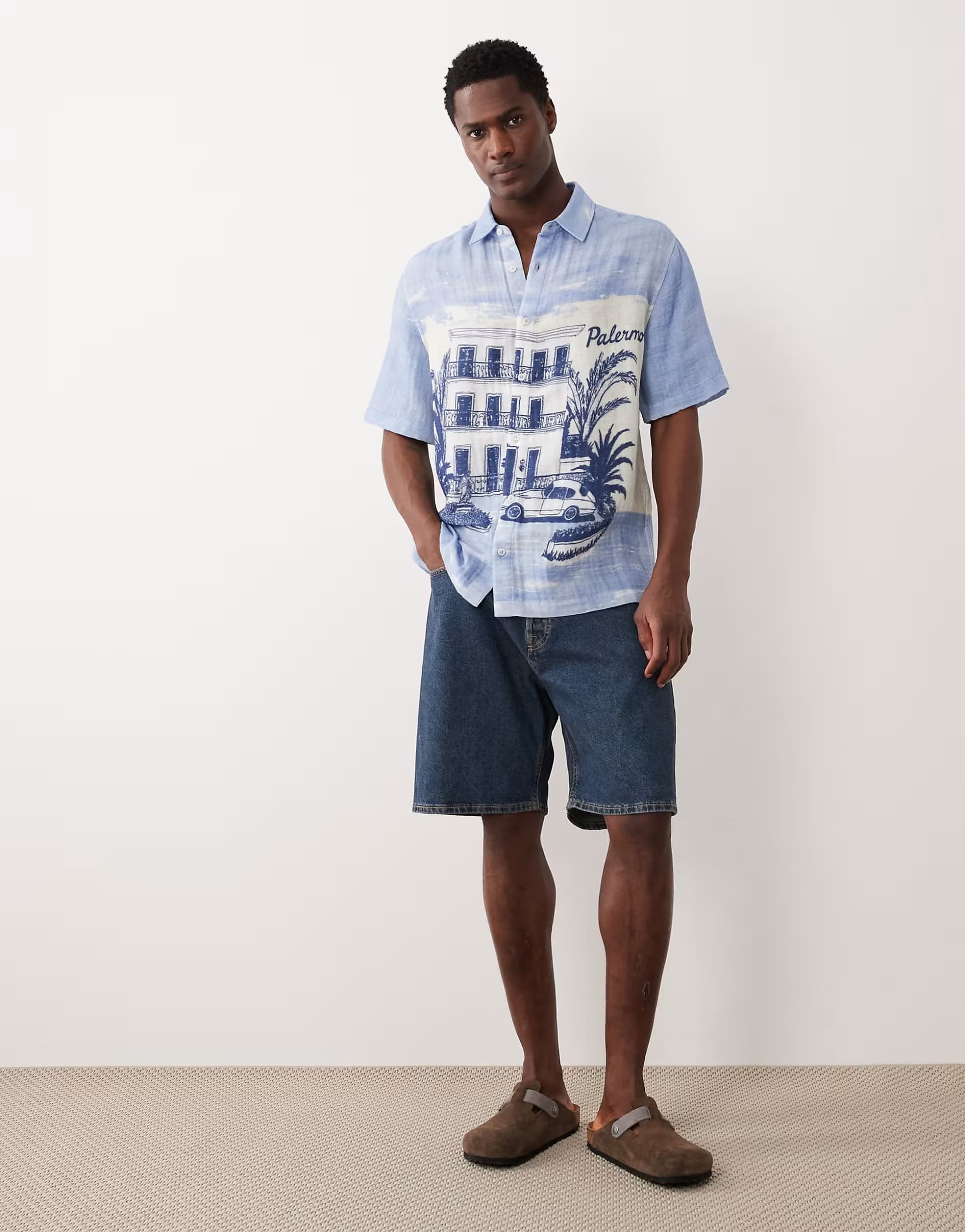 ASOS ASOS DESIGN relaxed shirt with beach print in blue