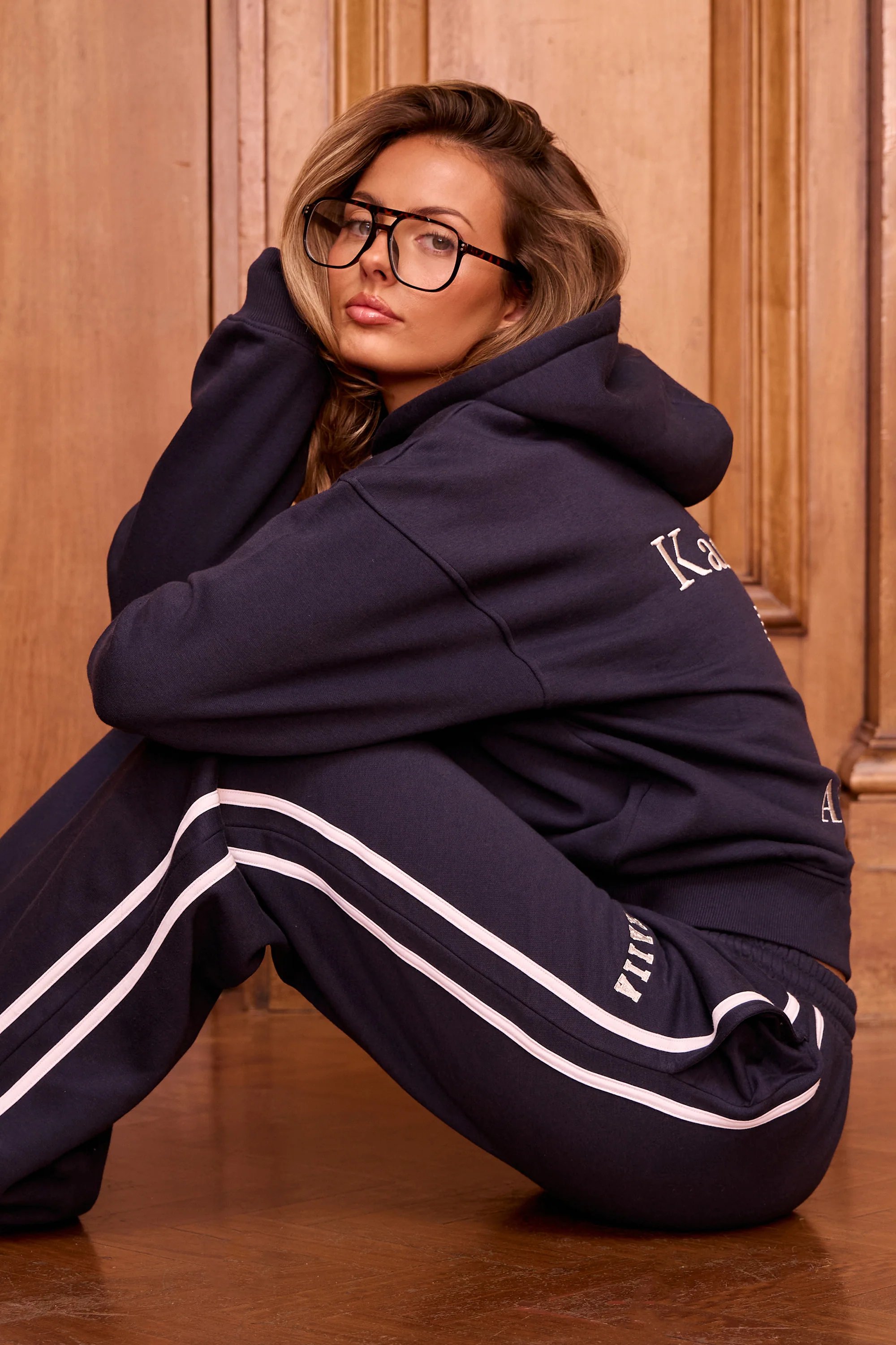 Kaiia Kaiia Logo Side Stripe Wide Leg Joggers Navy & White - 2