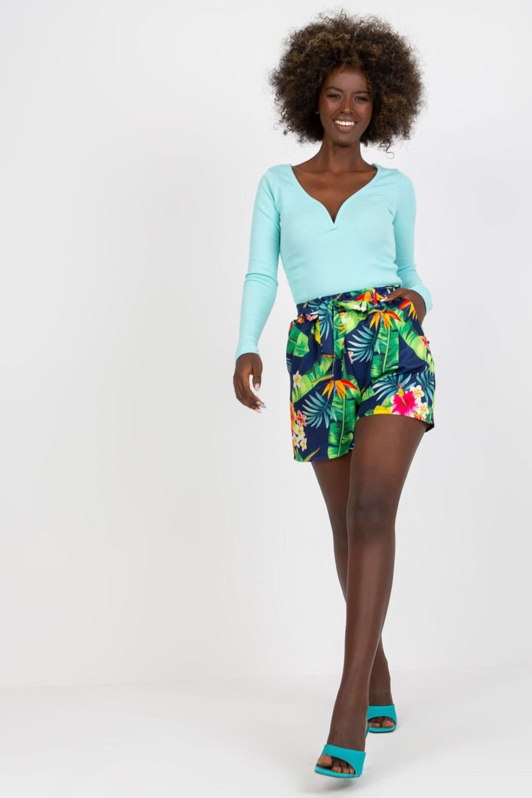 Love Lace Love Lace Women's Navy Printed Casual Shorts with Elastic Waist in Blue