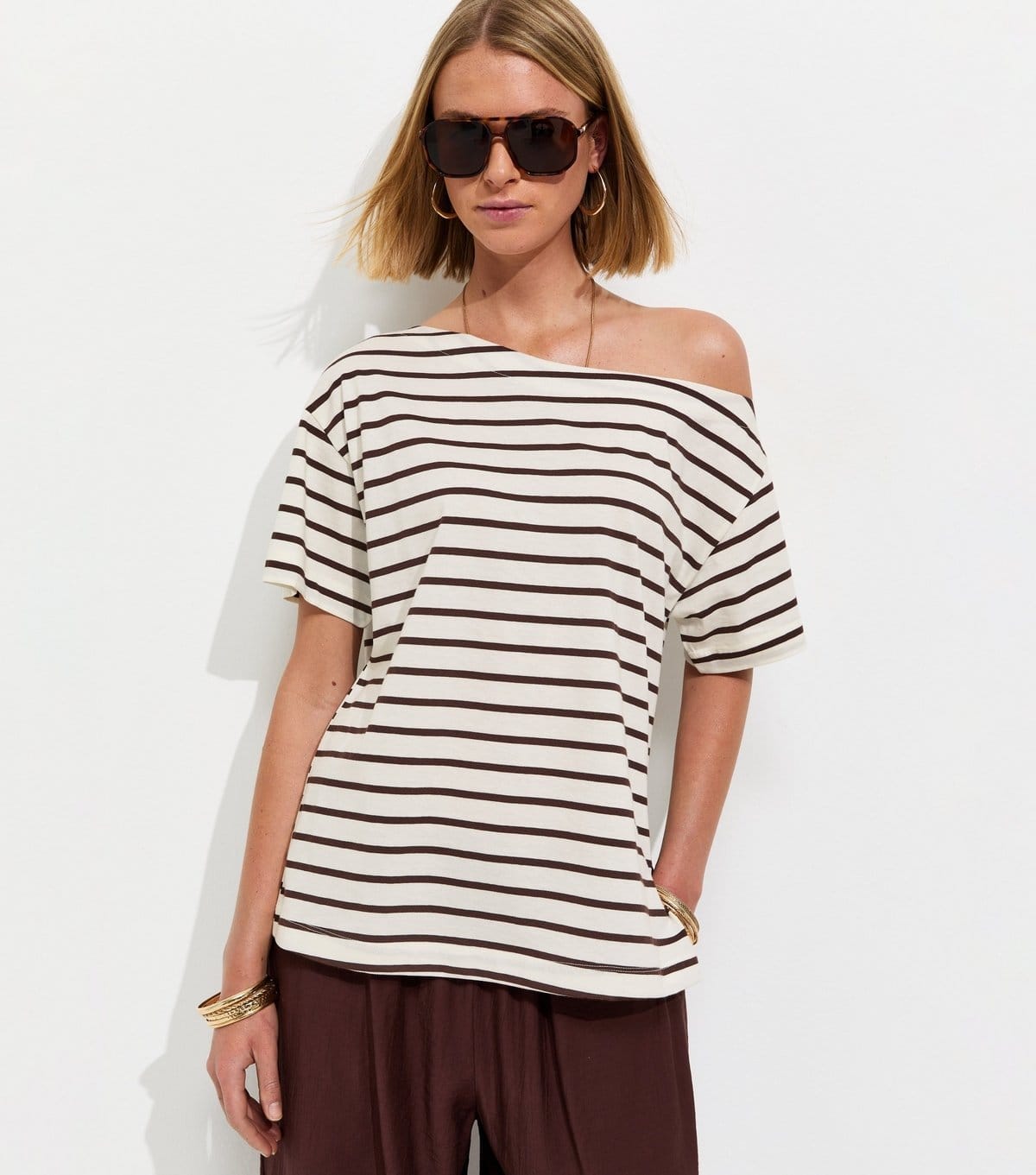 New Look White Striped Cotton Off-The-Shoulder T-Shirt