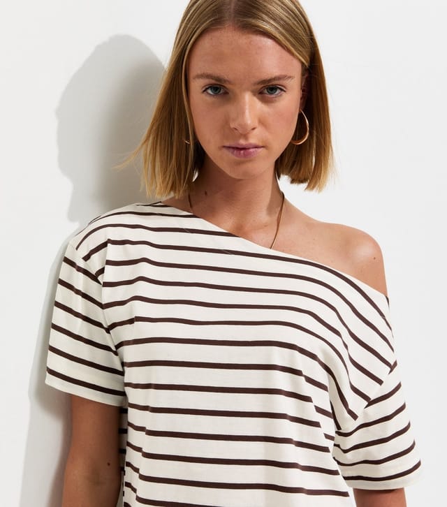 New Look Women's White Striped Cotton Off The Shoulder T-Shirt New Look - 2