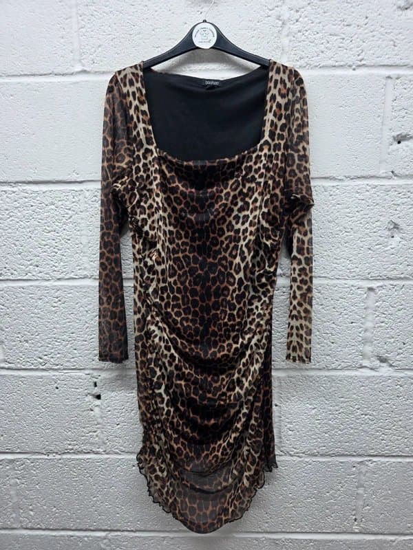 Boohoo Boohoo Plus Animal Print Long Sleeve Ruched Mesh Dres Size 22 UK