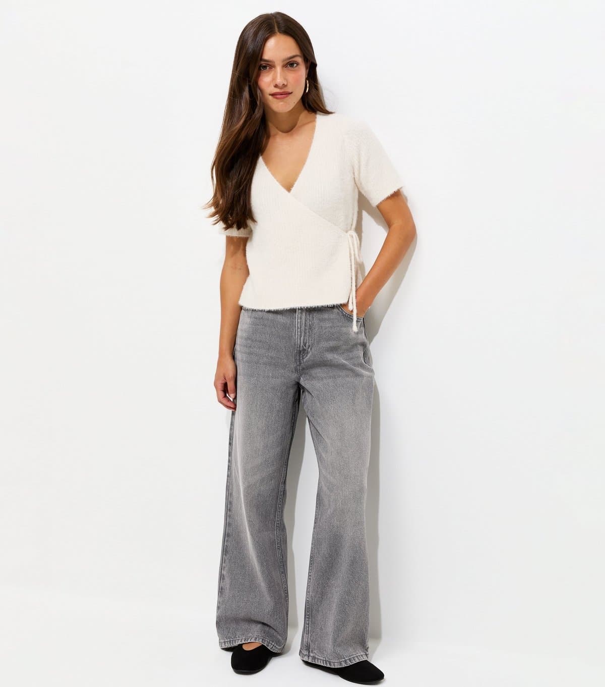 New Look Women's Petite Light Grey High Waist Adalae Wide Leg Jeans New Look