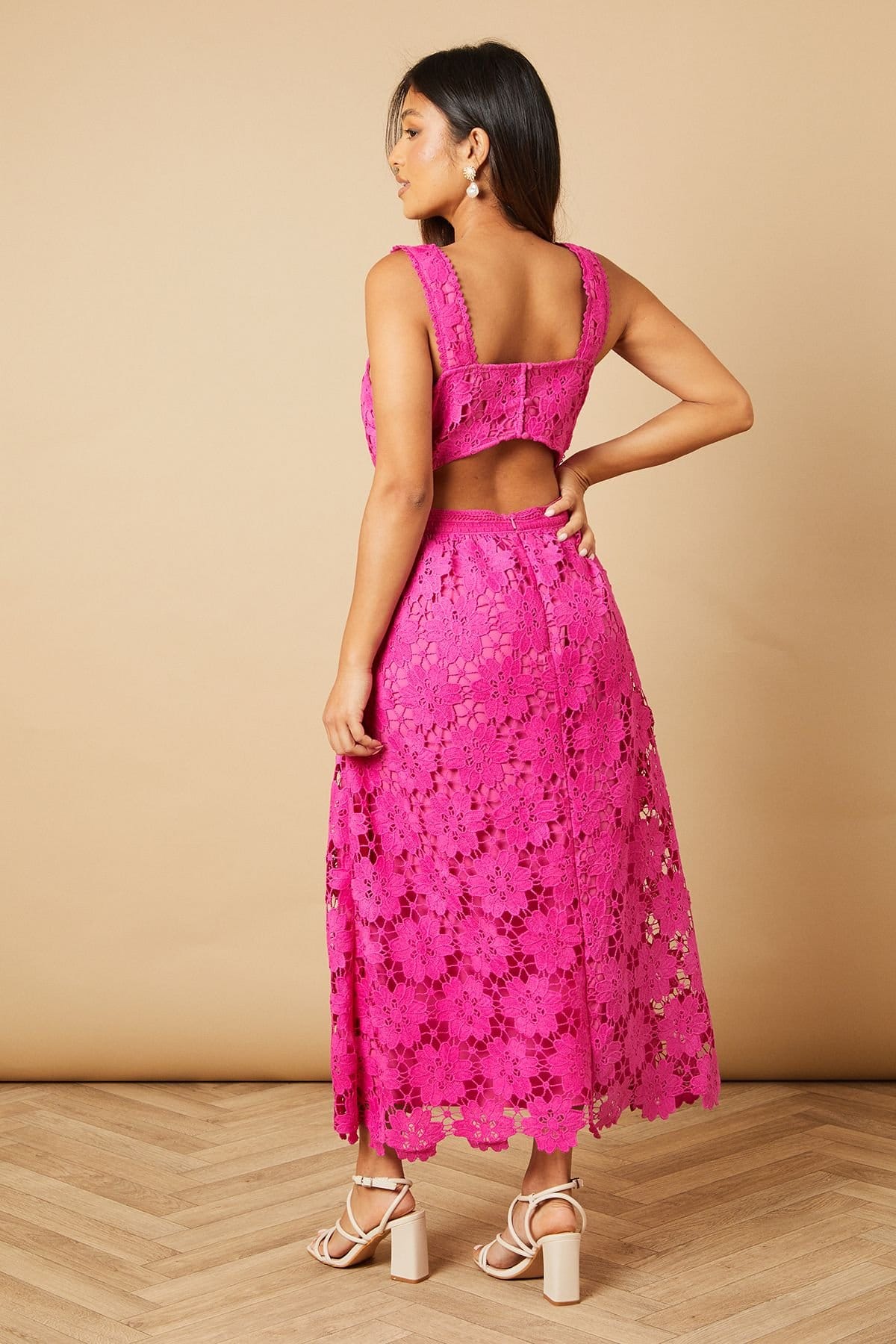 Oasis Oasis Women's Petite Floral Lace Detail Square Neck Midi Dress in Ballerina Pink - 4