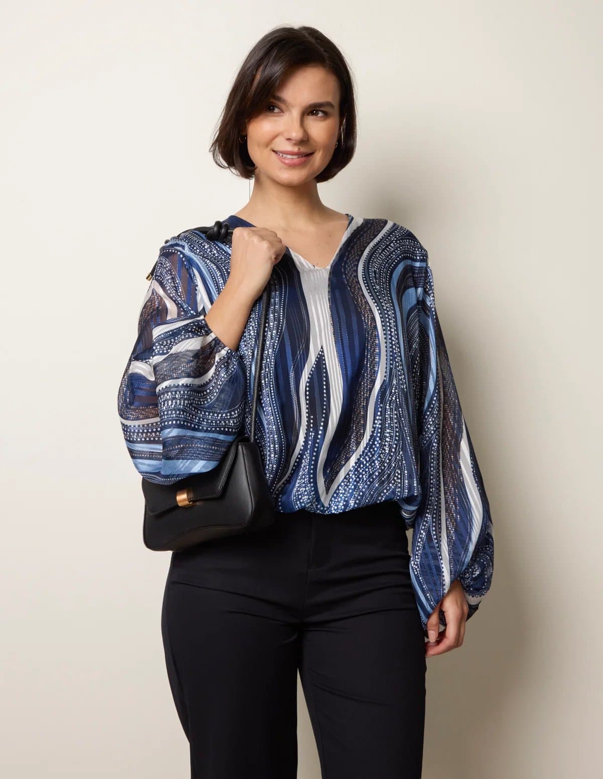 Blue Vanilla Swirl And Dot Print V Neck Metallic Blouse