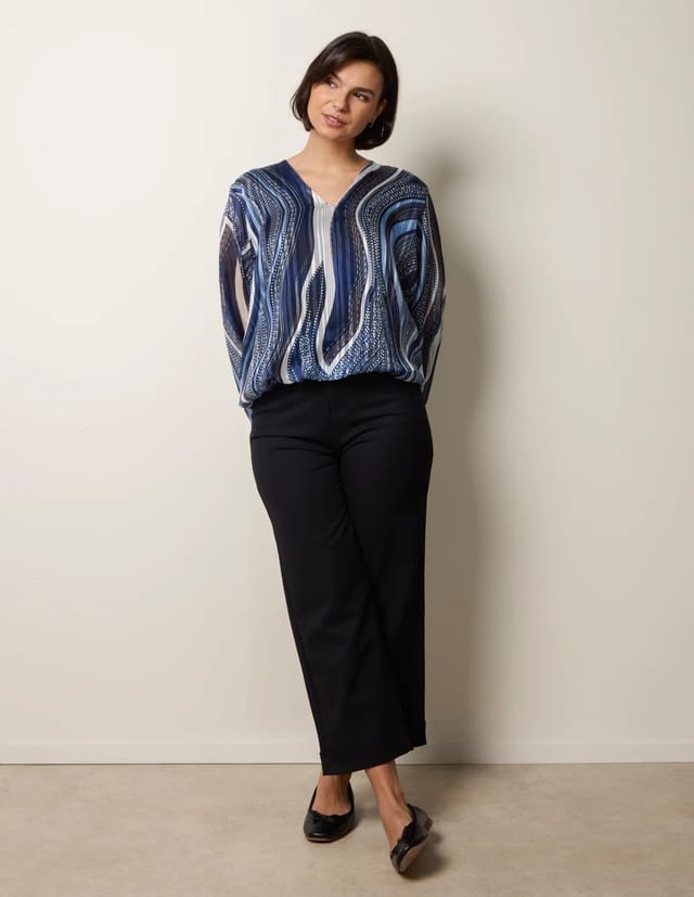 Blue Vanilla Swirl And Dot Print V Neck Metallic Blouse - 2