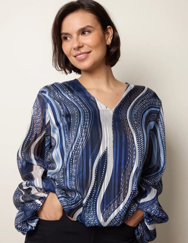 Blue Vanilla Swirl And Dot Print V Neck Metallic Blouse - 3