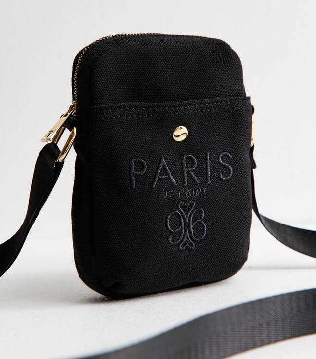 New Look Black Paris Embroidered Canvas Phone Bag New Look - 3