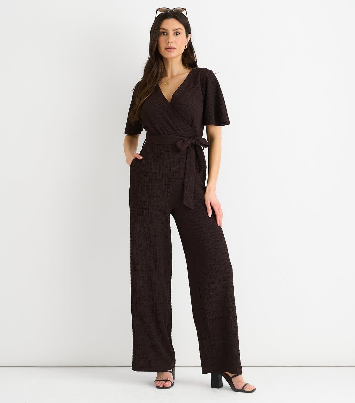 Gini London Women's Dark Brown Textured Wrap Jumpsuit Gini London New Look