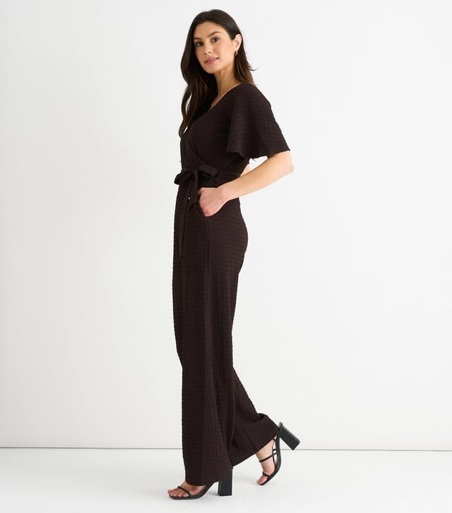 Gini London Women's Dark Brown Textured Wrap Jumpsuit Gini London New Look - 3