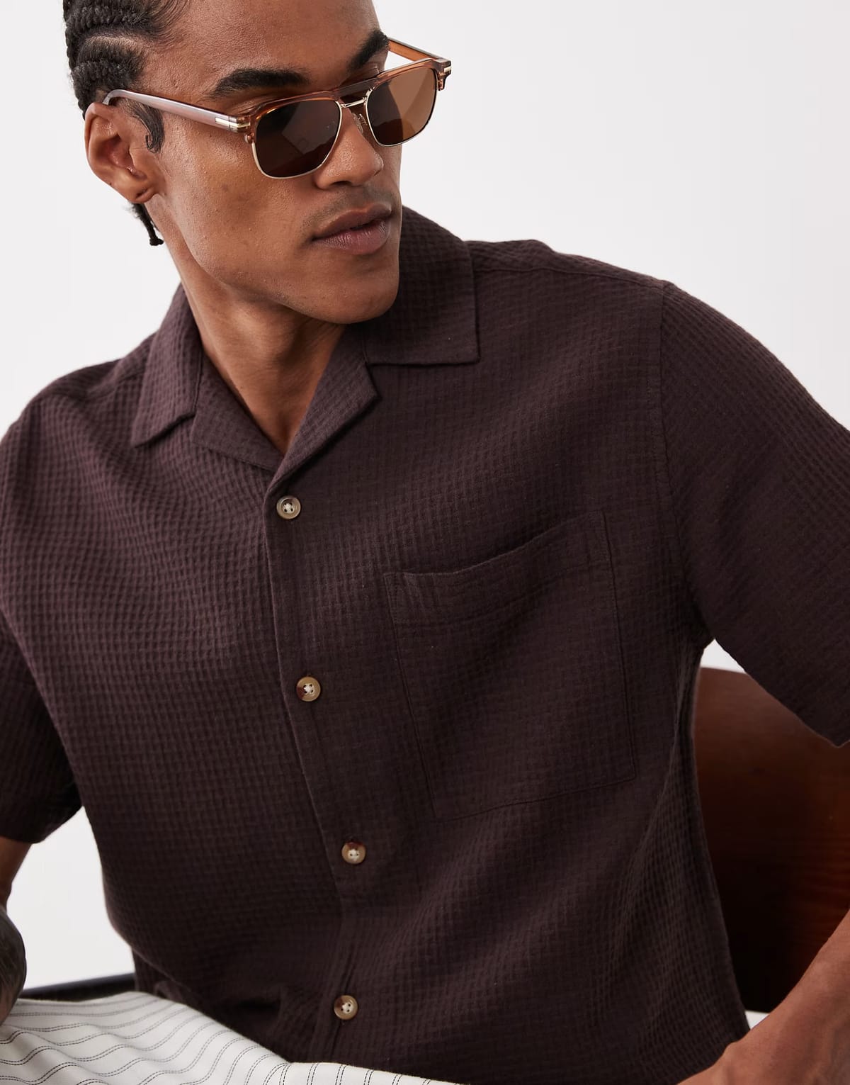 ASOS ASOS DESIGN relaxed revere waffle textured shirt in brown - 1