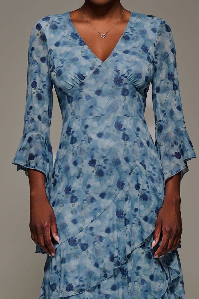 Jolie Moi Jolie Moi Women's Mesh Ruffle Sleeve Tiered Midaxi Dress in Blue - 3