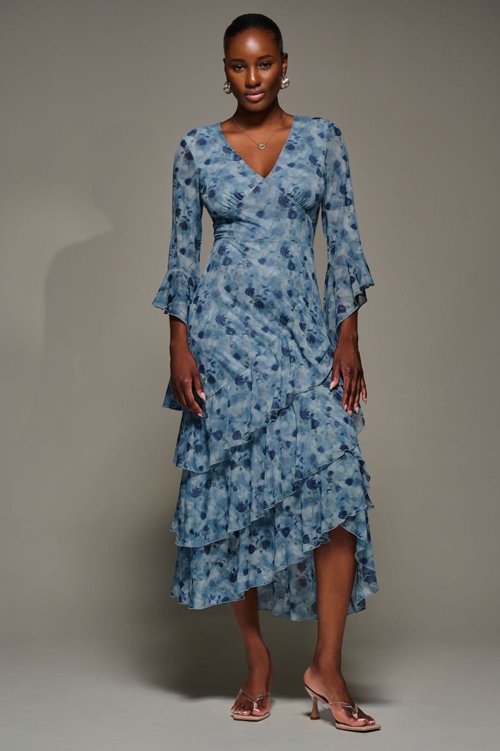 Jolie Moi Jolie Moi Women's Mesh Ruffle Sleeve Tiered Midaxi Dress in Blue - 4