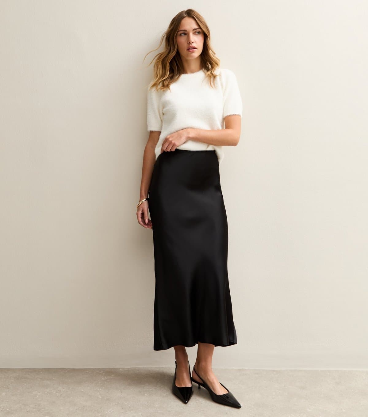 New Look New Look Black Satin Midi Skirt