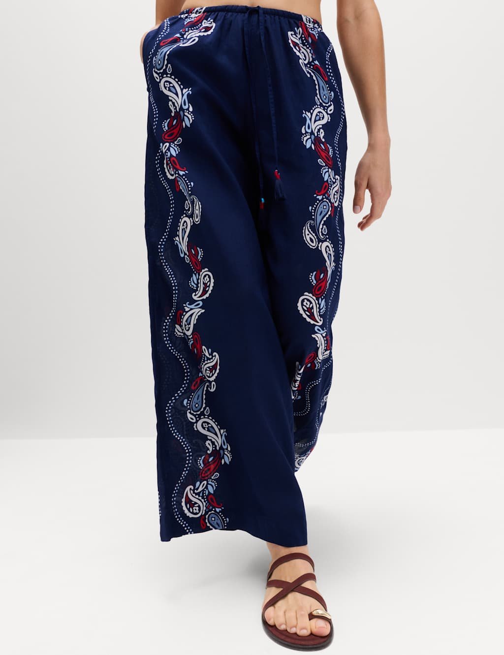 Marks & Spencer M&S Pure Cotton Printed Drawstring Wide Leg Beach Trousers Navy Mix - 2