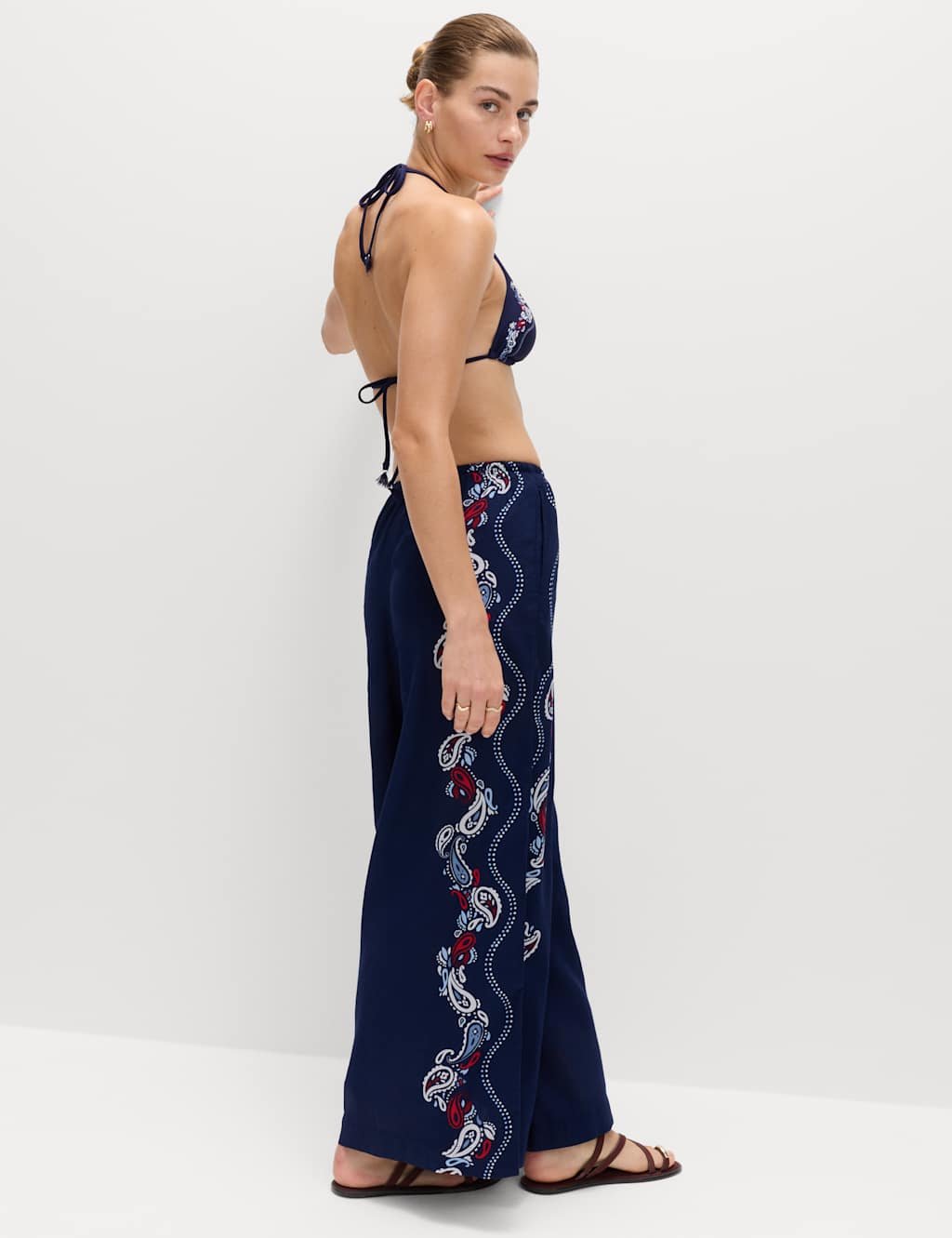 Marks & Spencer M&S Pure Cotton Printed Drawstring Wide Leg Beach Trousers Navy Mix - 3