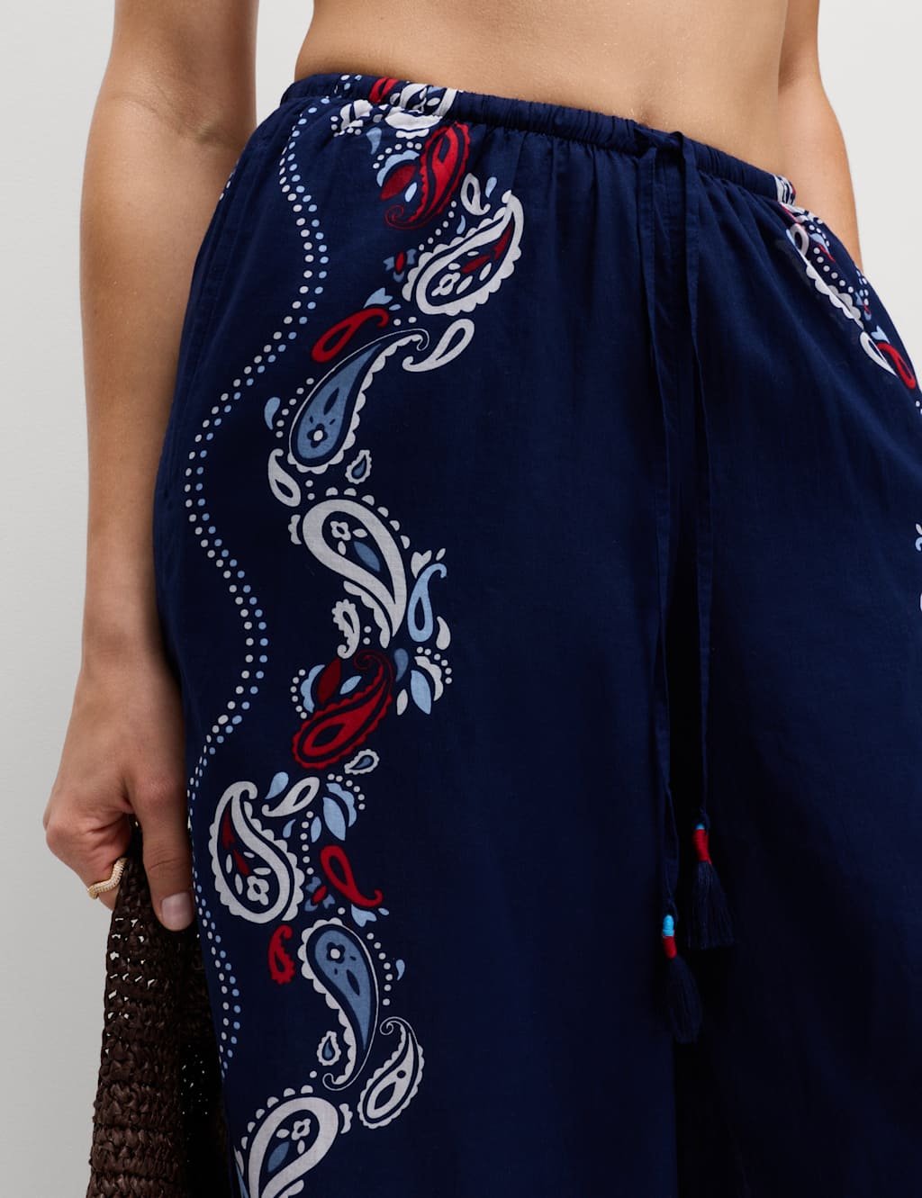Marks & Spencer M&S Pure Cotton Printed Drawstring Wide Leg Beach Trousers Navy Mix - 4