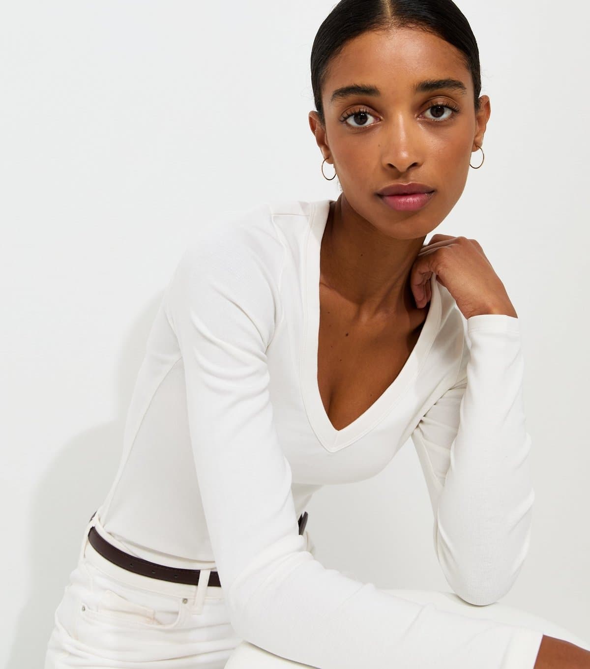 New Look Women's Cream Cotton Rich V-Neck Long Sleeve Top New Look