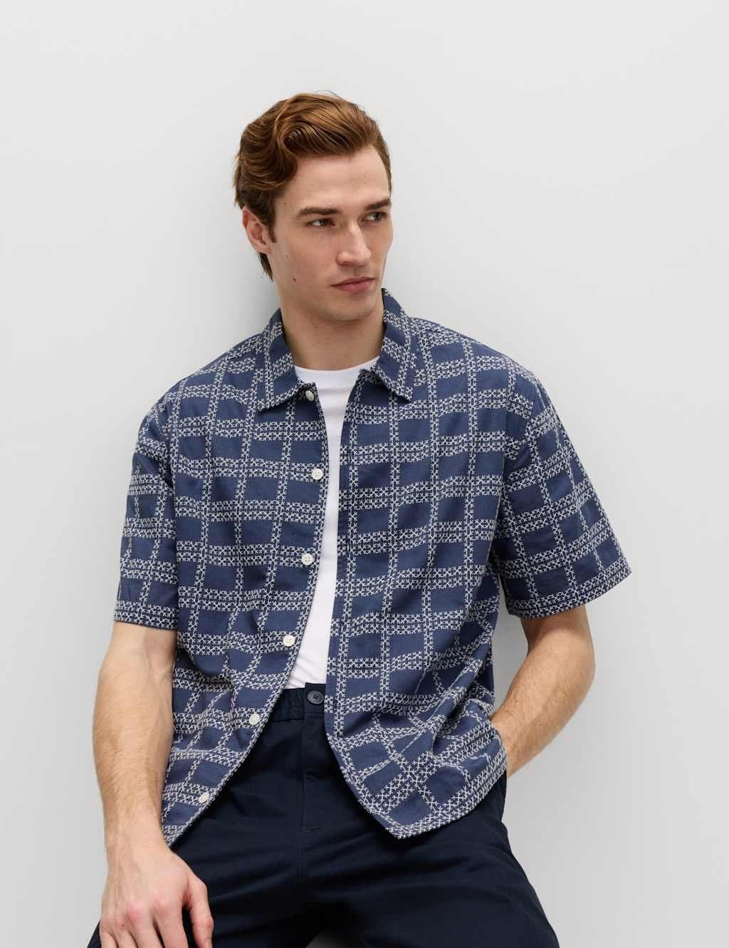 Marks & Spencer M&S Relaxed Fit Cotton Rich Embroidered Short Sleeve Shirt Dark Navy