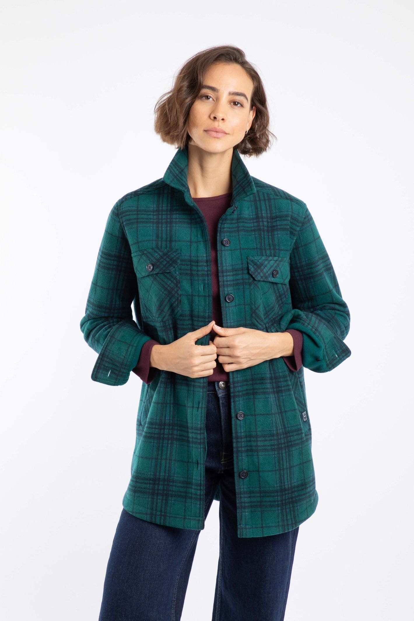 Weird Fish Weird Fish Women's Autumn Check Fleece Shacket in Bottle Green - 4