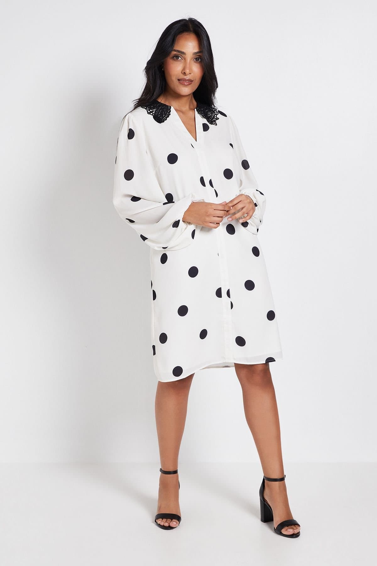Wallis Wallis Women's Petite Polka Dot Lace Collar Shift Dress in Ivory