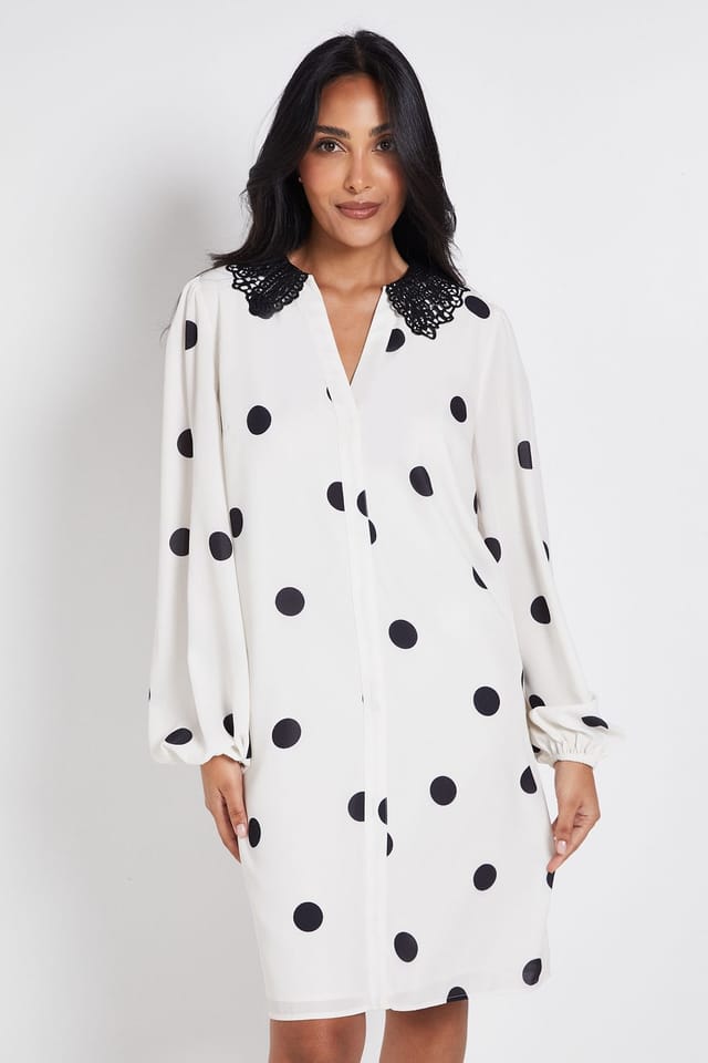 Wallis Wallis Women's Petite Polka Dot Lace Collar Shift Dress in Ivory - 2