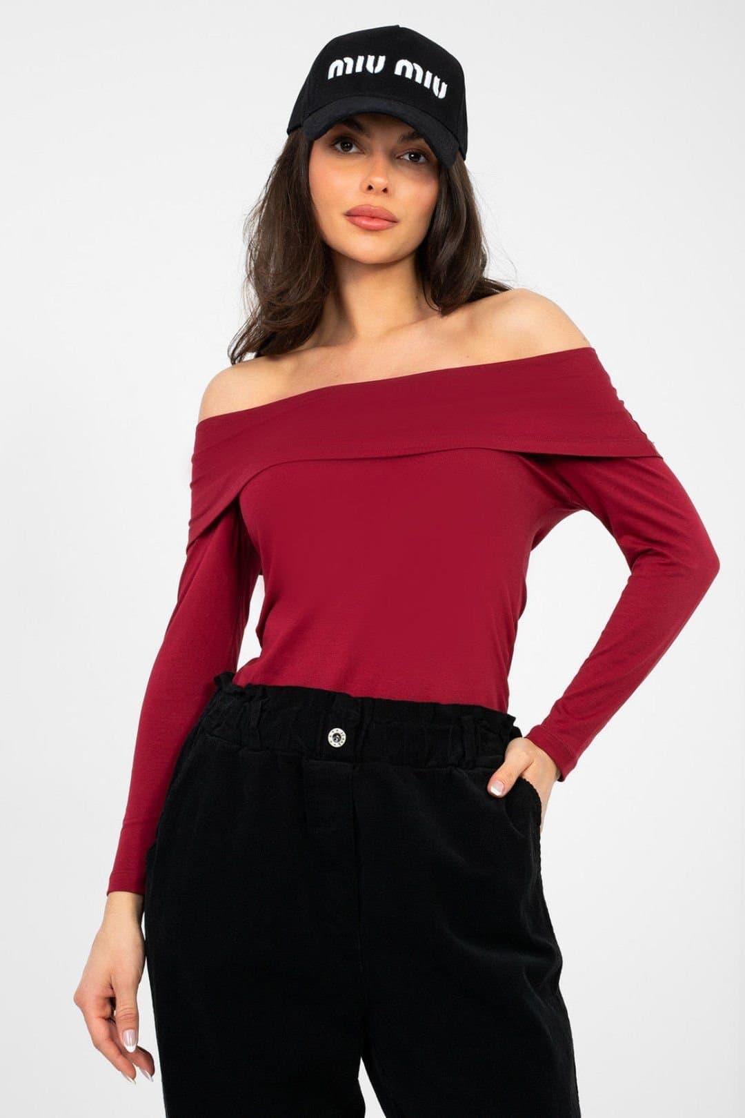 Love Lace Love Lace Women's Off Shoulder Fitted Cotton Blouse with Elastane in Burgundy