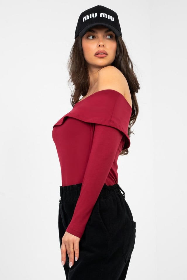 Love Lace Love Lace Women's Off Shoulder Fitted Cotton Blouse with Elastane in Burgundy - 2