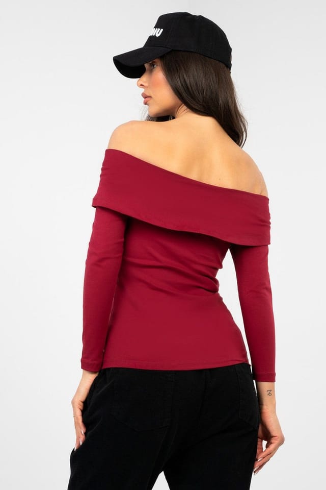 Love Lace Love Lace Women's Off Shoulder Fitted Cotton Blouse with Elastane in Burgundy - 3