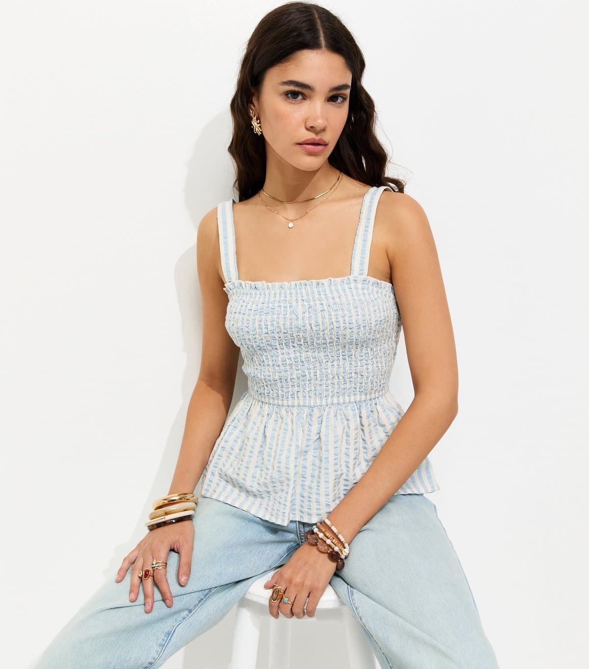 New Look Women's Blue Cotton Striped Seersucker Shirred Cami Top New Look