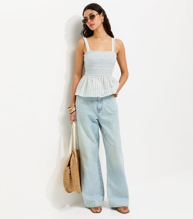 New Look Women's Blue Cotton Striped Seersucker Shirred Cami Top New Look - 3