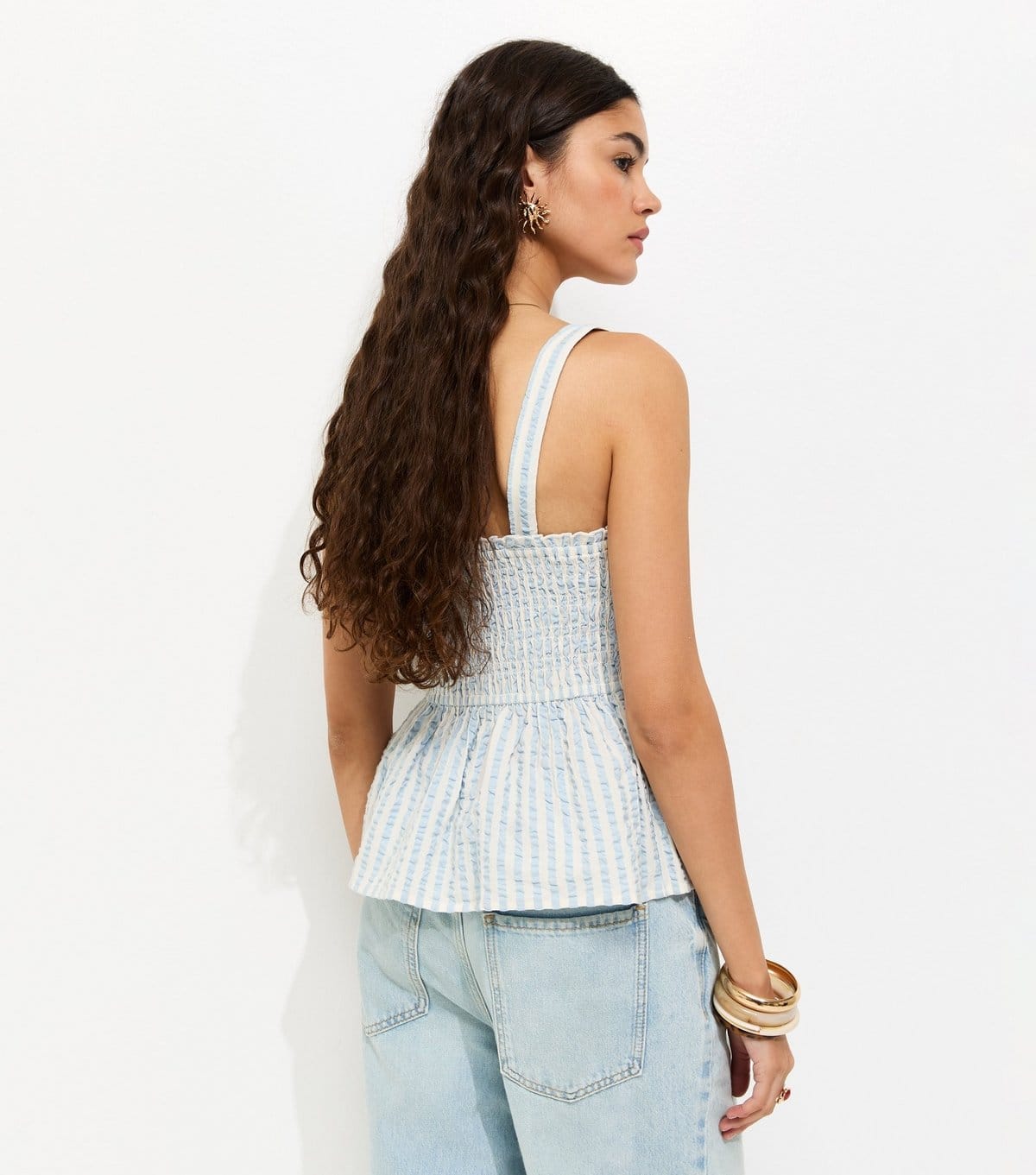 New Look Women's Blue Cotton Striped Seersucker Shirred Cami Top New Look - 4