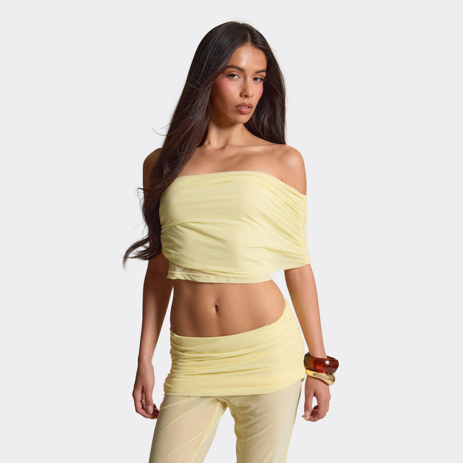 EGO One Shoulder Stretchy Ruched Top In Lemon Chiffon, Women's Size UK L