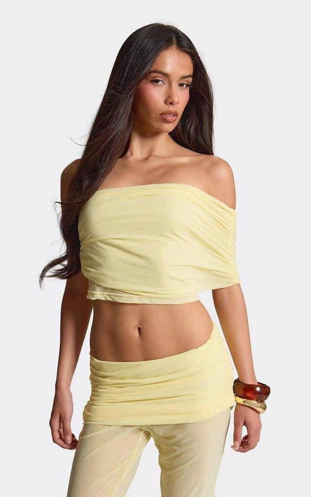 EGO One Shoulder Stretchy Ruched Top In Lemon Chiffon, Women's Size UK L - 2