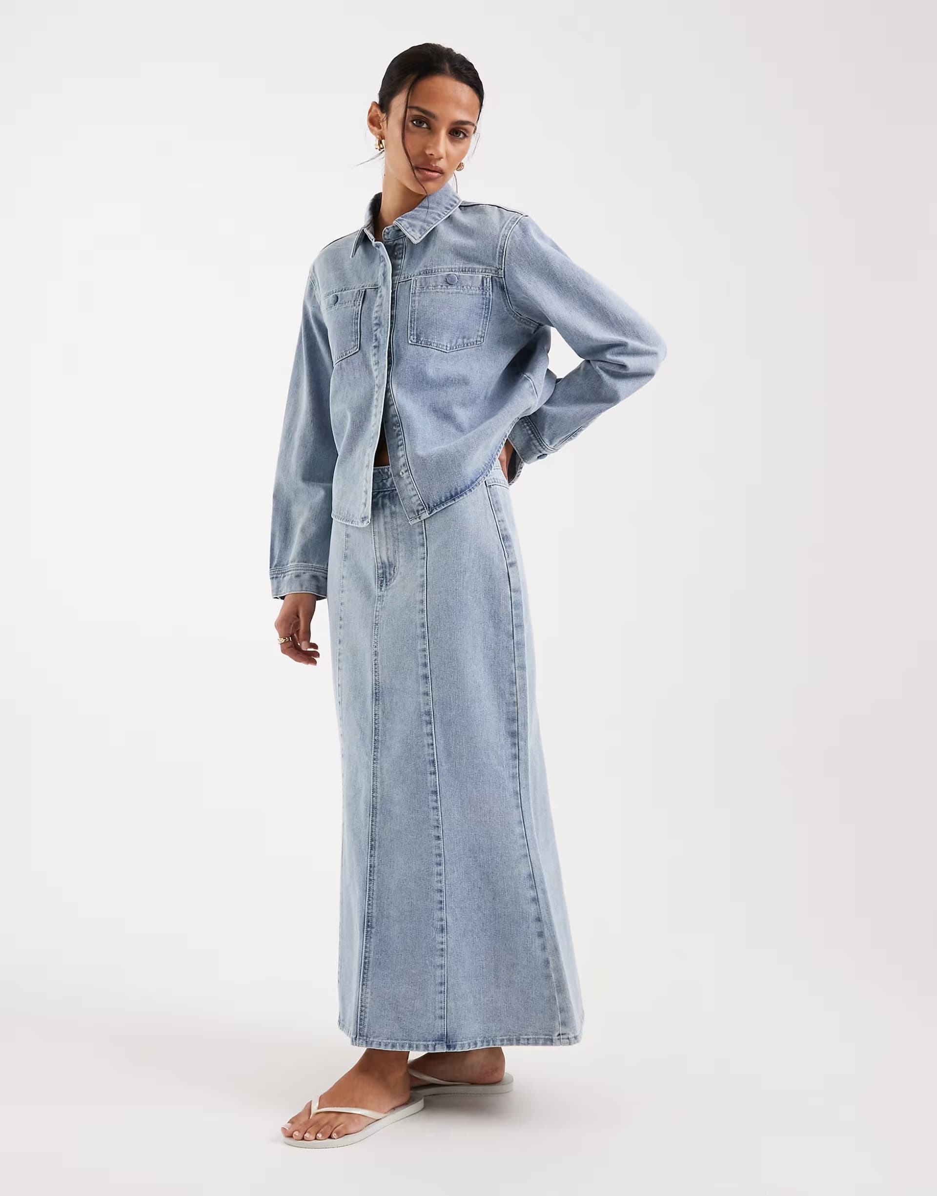 ASOS AWARE button up denim overshirt with pockets and maxi skirt set in light blue denim