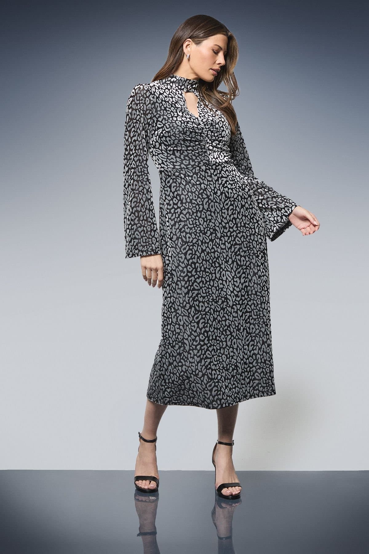 Wallis Wallis Women's Jersey Devore High Neck Ruched Midi Dress in Silver