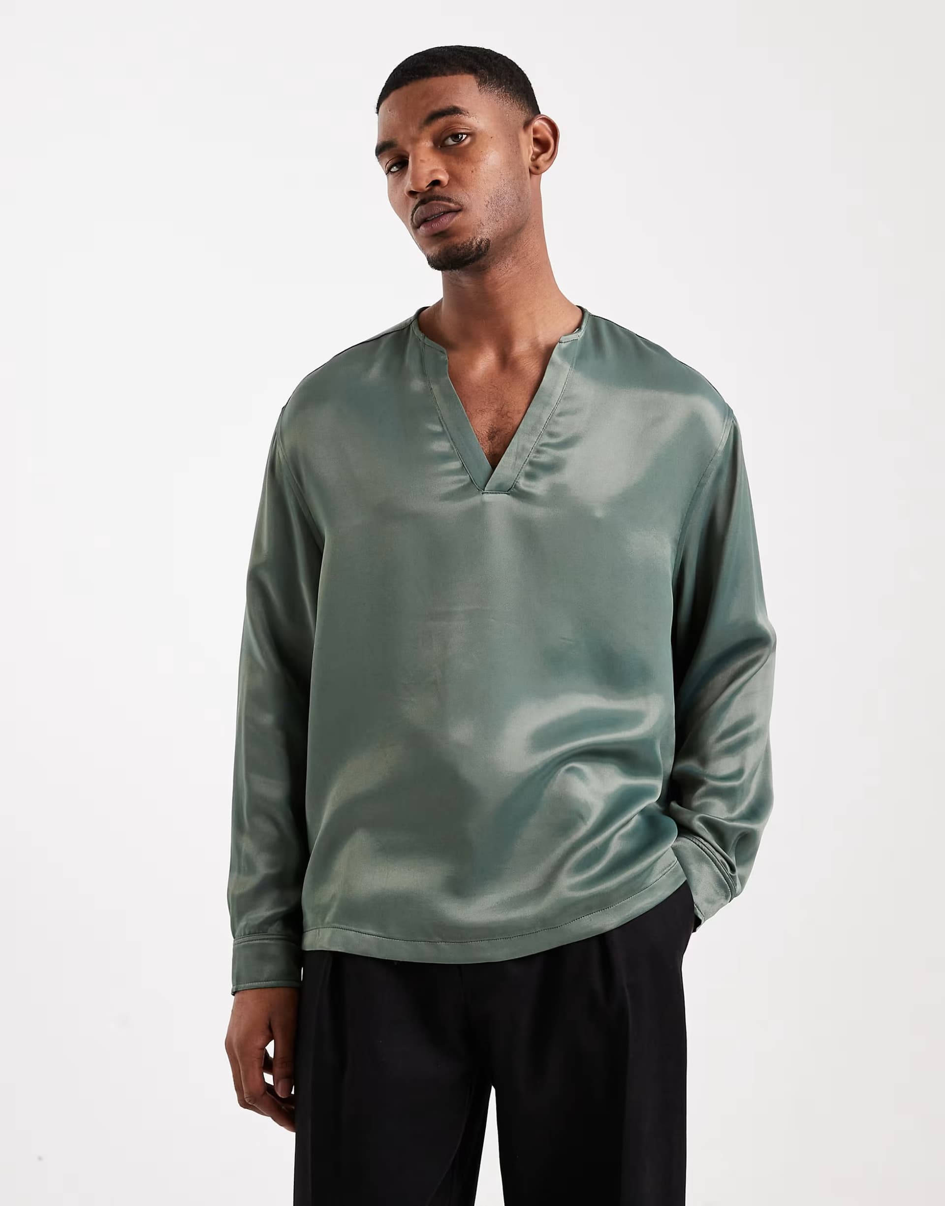 ASOS ASOS DESIGN Oversized Overhead Satin Shirt In Dark Sage