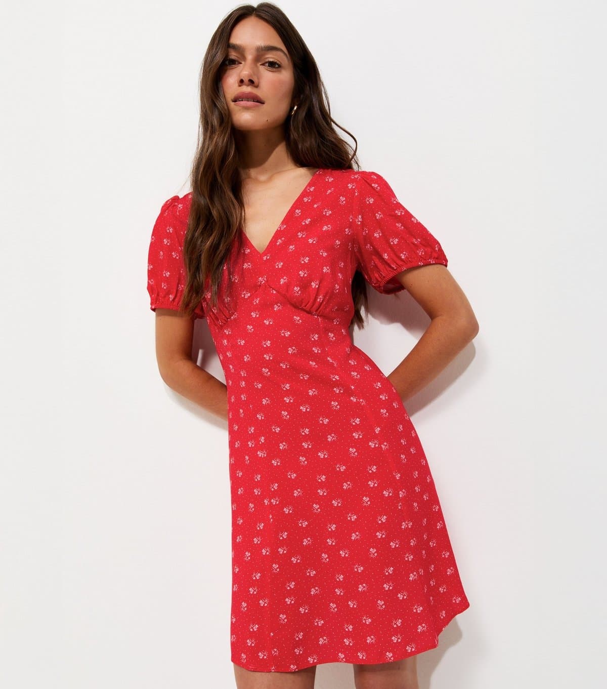 New Look Women's Petite Red Floral Dot Print V-Neck Mini Dress New Look