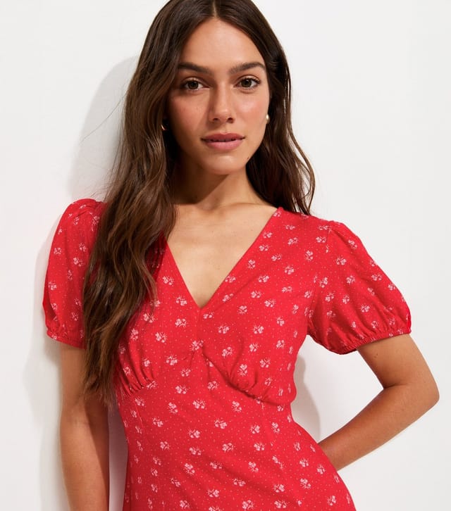 New Look Women's Petite Red Floral Dot Print V-Neck Mini Dress New Look - 2