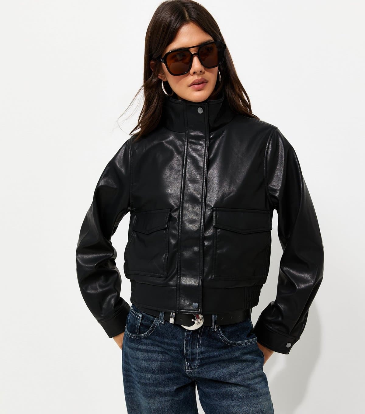 New Look Women's Black Faux Leather Flap Pocket Funnel Neck Jacket New Look
