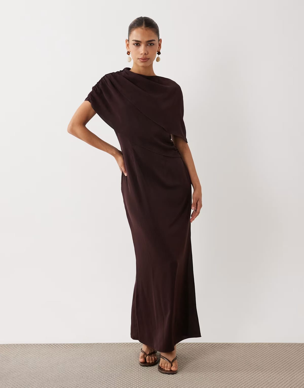 ASOS ASOS DESIGN fallen shoulder slinky midi dress in chocolate - 1