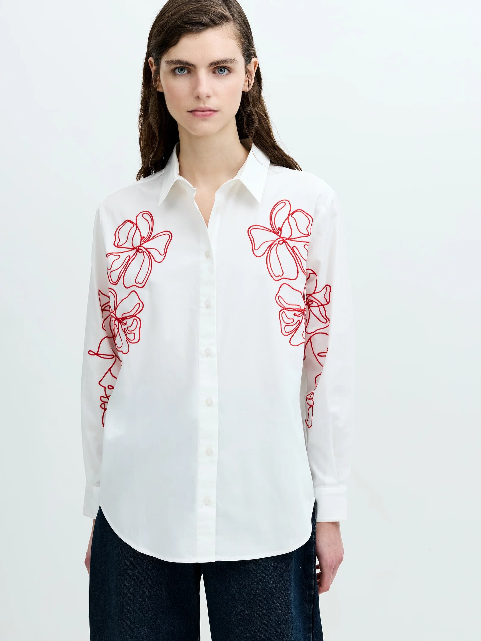 French Connection Alexis Cotton Floral Outline Embroidered White Shirt Linen White/Rouge Red