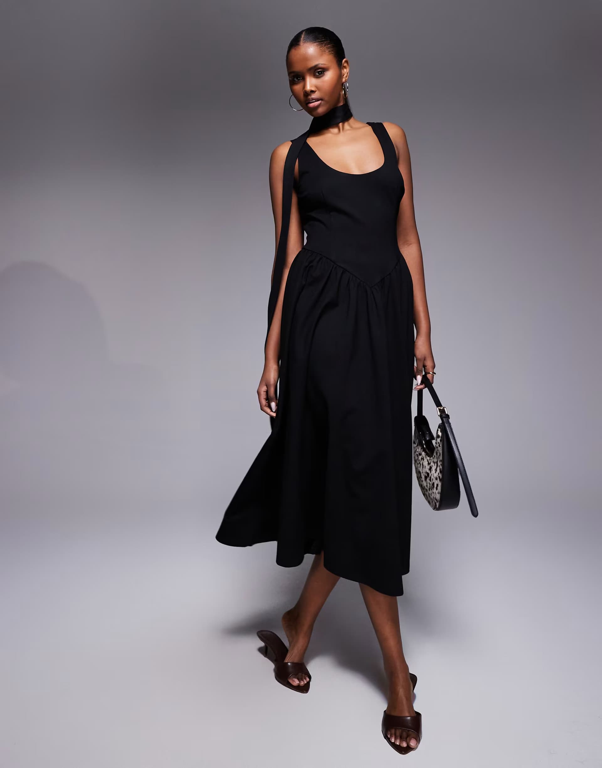 ASOS Kaiia exclusive scoop neck scarf detail dropped basque waist maxi dress in black