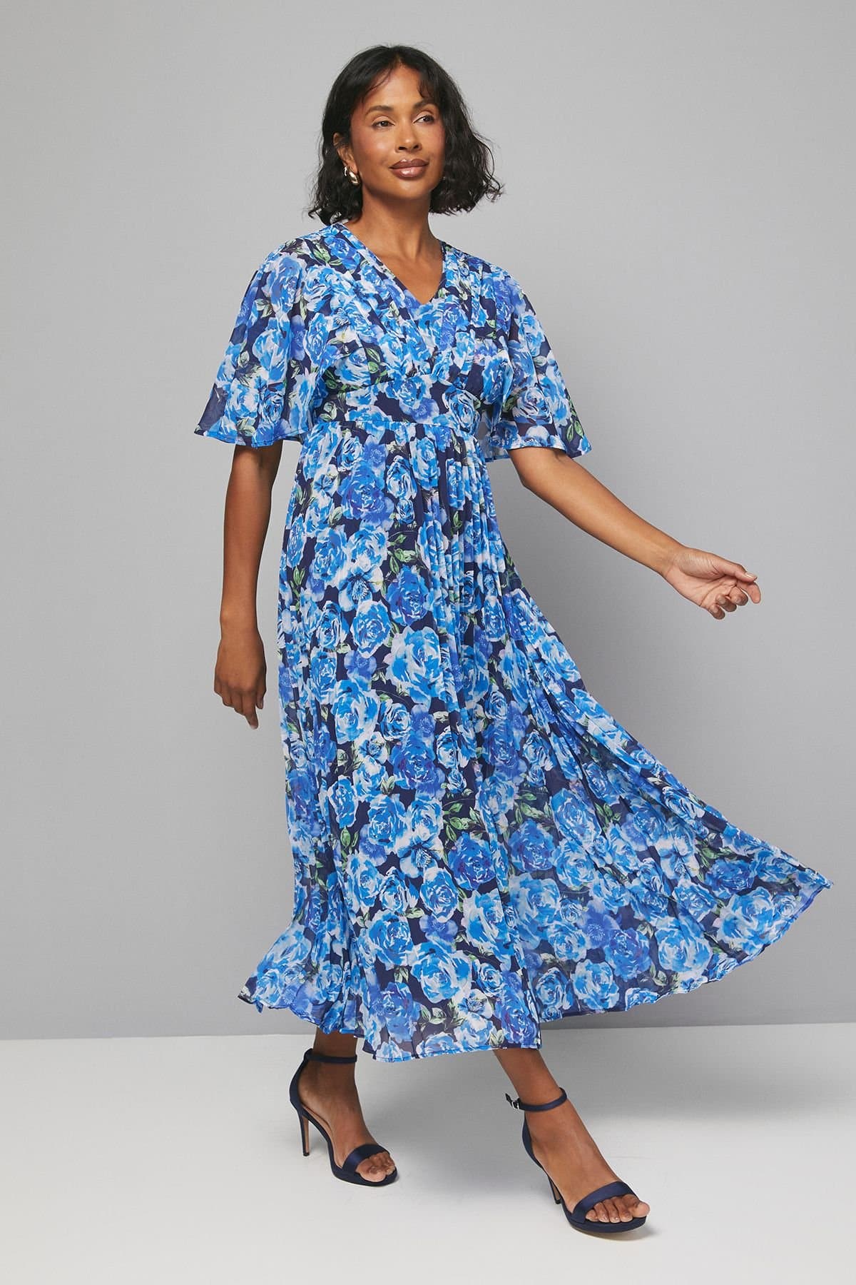 Wallis Wallis Women's Floral Print Pleated Cape Sleeve Midi Dress in Navy