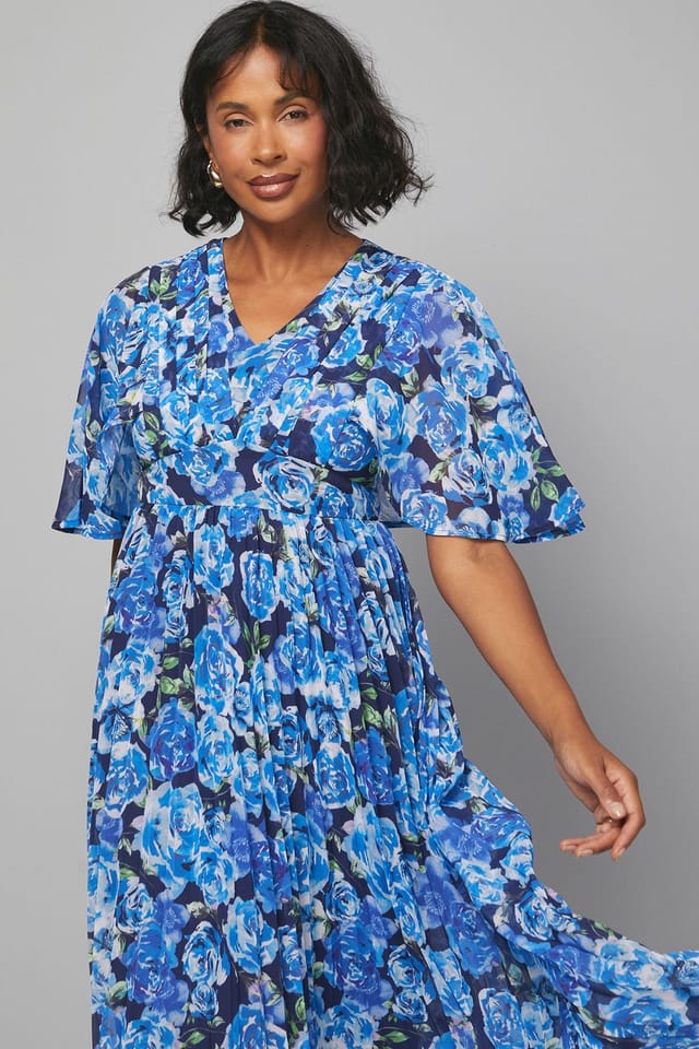 Wallis Wallis Women's Floral Print Pleated Cape Sleeve Midi Dress in Navy - 2