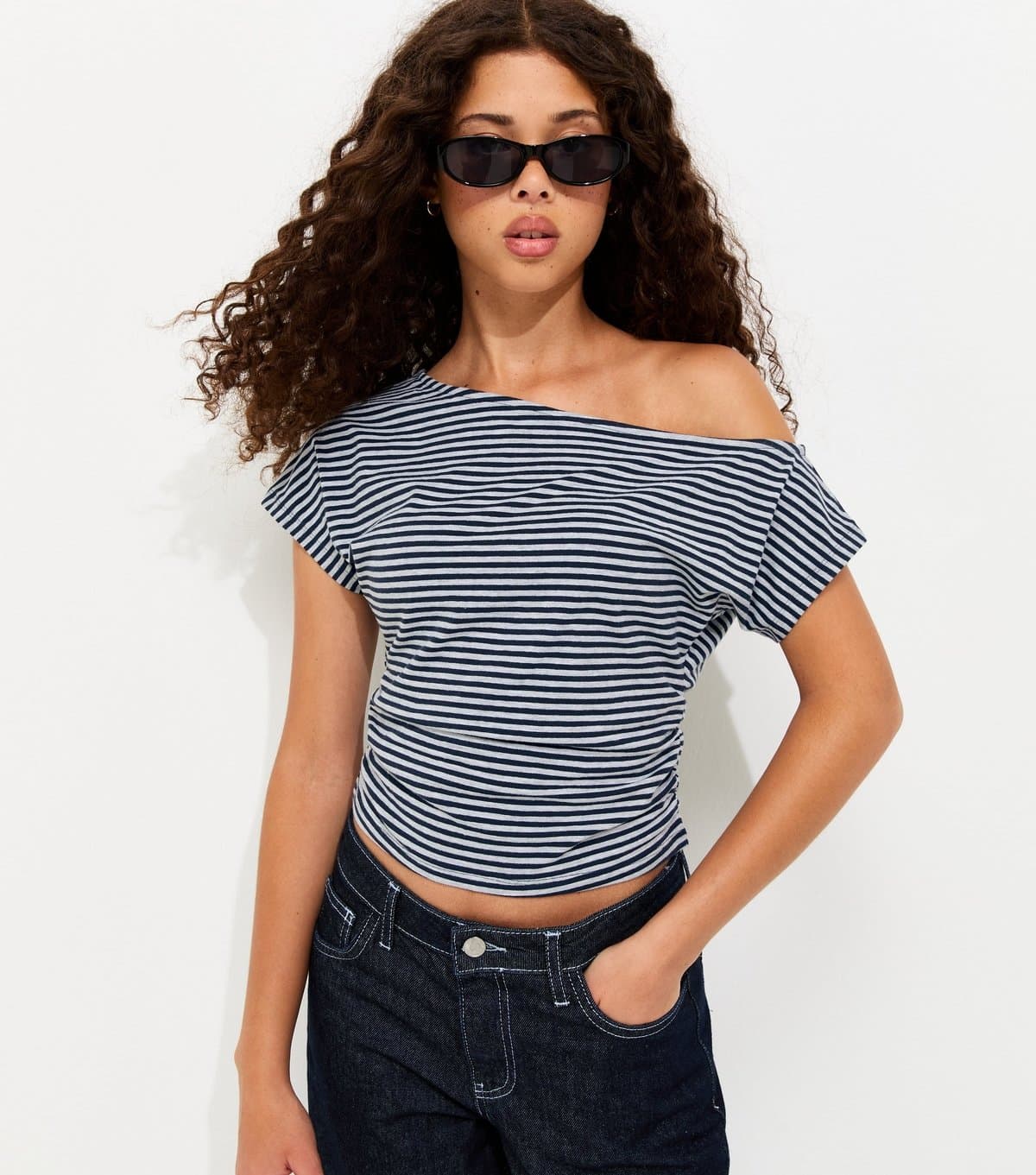 New Look Girls' Grey Cotton Rich Striped Cinched Waist Slash Neck Top New Look