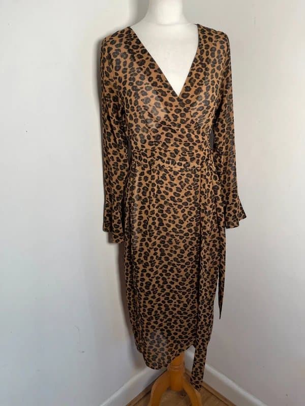 Never Fully Dressed Never Fully Dressed wrap midi dress 10 animal print chiffon ruffle cover up