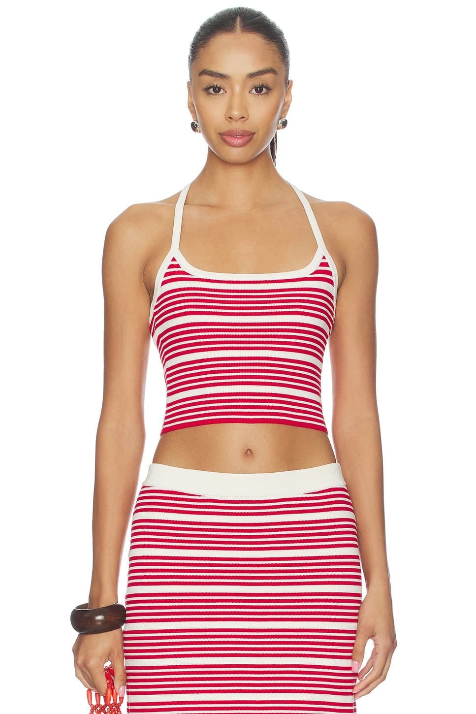 revolve Revolve Red & White Striped Halter Crop Top & Skirt Set