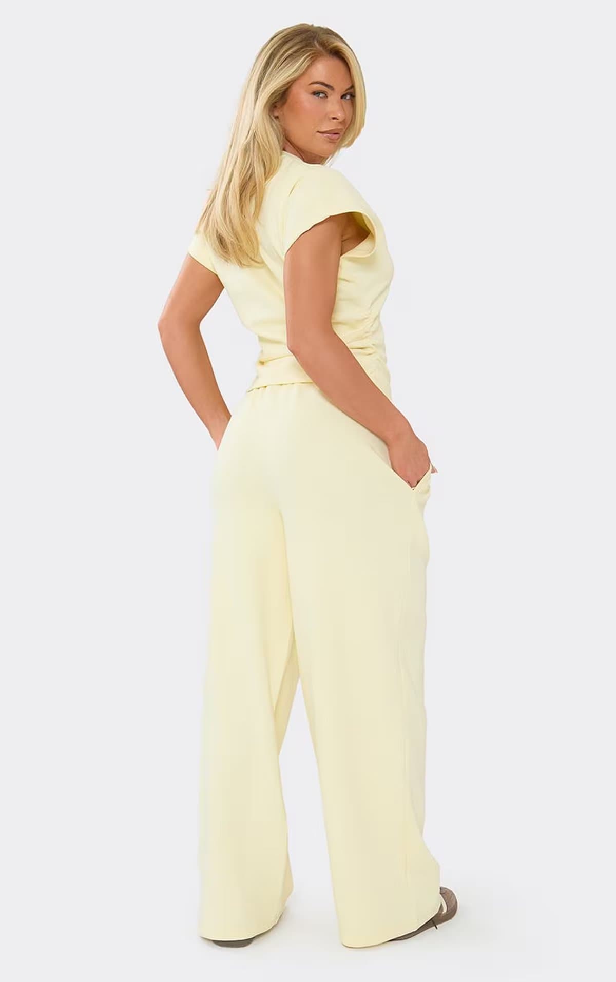 EGO Mid Rise Wide Leg Joggers In Lemon Interlock, Women's Size UK 6