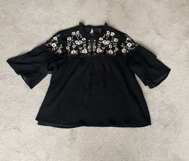 New Look Embellished frill black blouse with floral detail New Look size 10